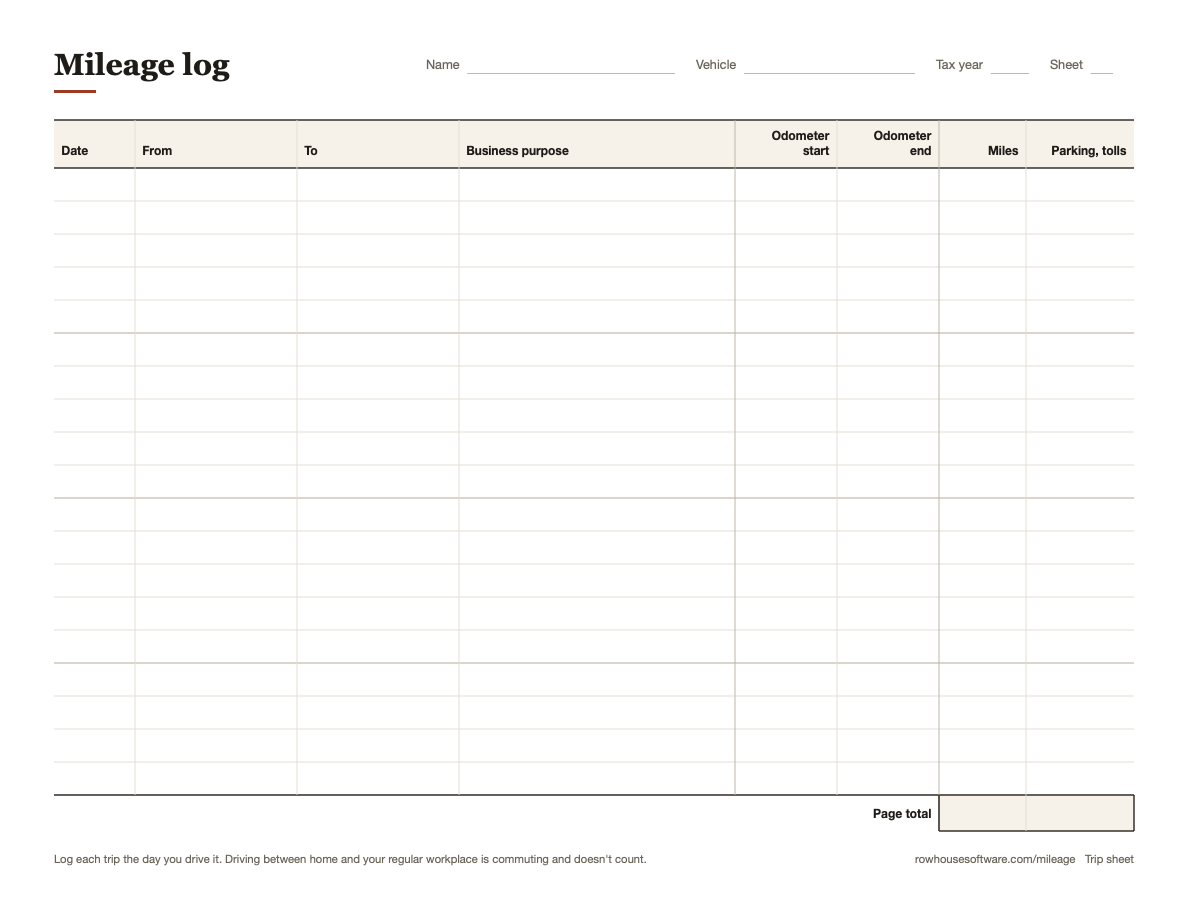 The trip sheet, with a column for each part of a trip and a page total for miles and tolls at the bottom